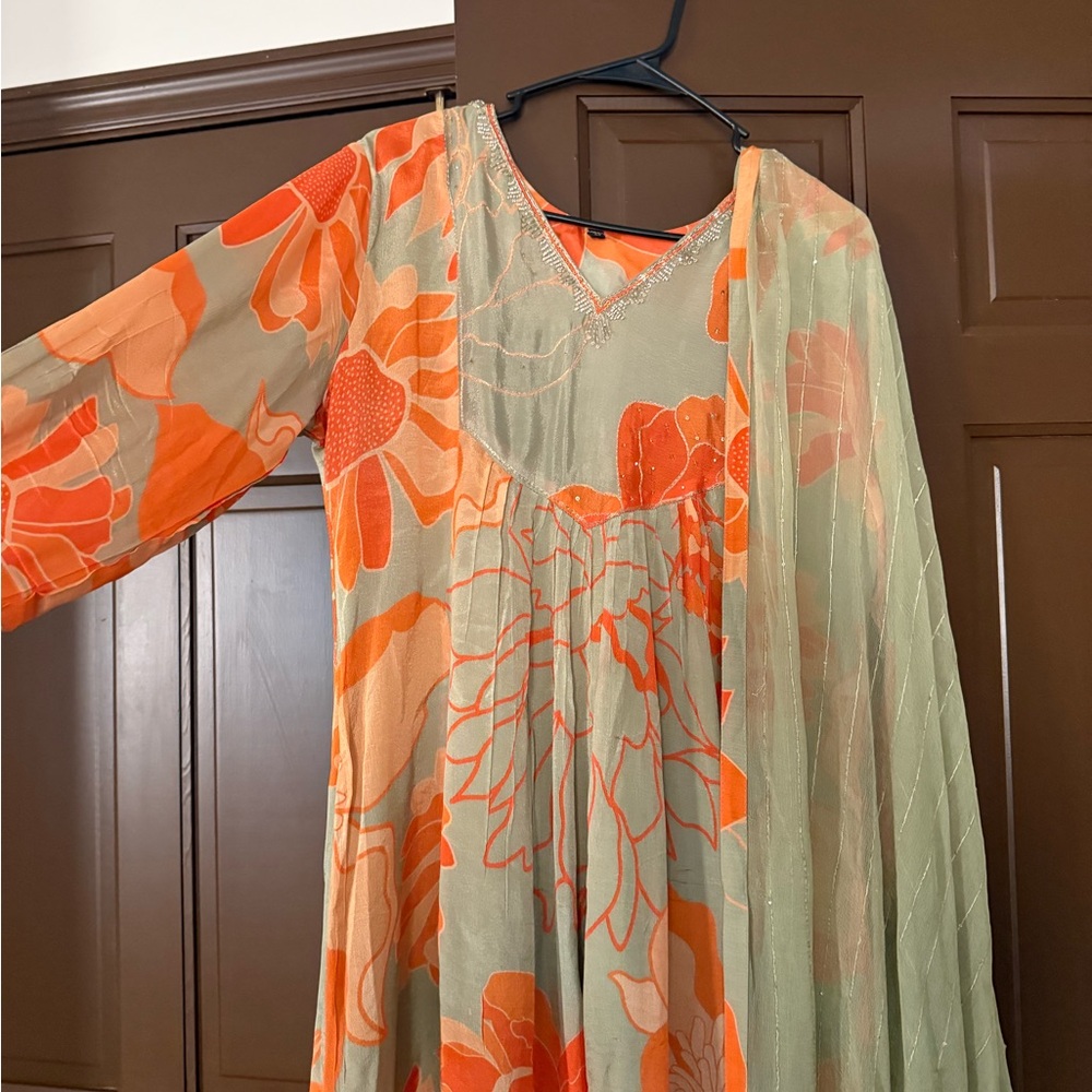 Elegant Mint & Orange Floral Anarkali Set ✨